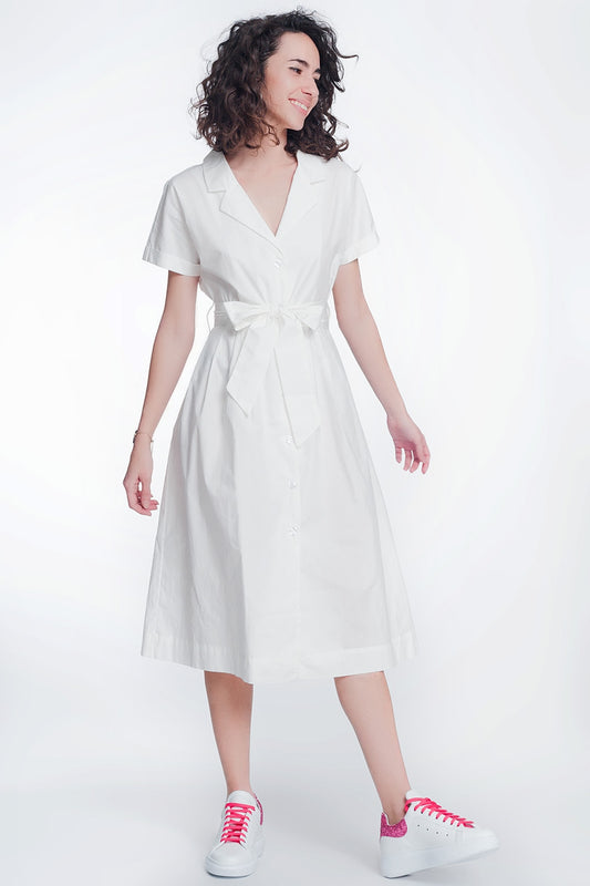 Q2 Vestido blanco de popeline con manga corta y cinturon