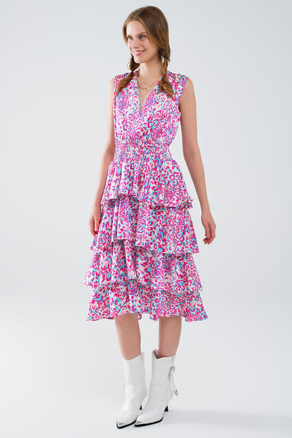 Vestido blanco midi fruncido con estampado animal multicolor