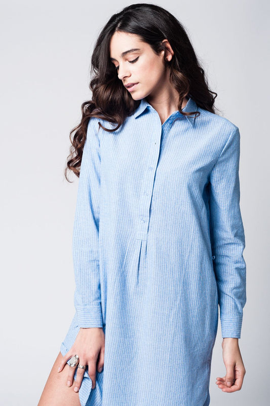 Q2 Vestido camisero a rayas azules con detalle de lazo en la cintura