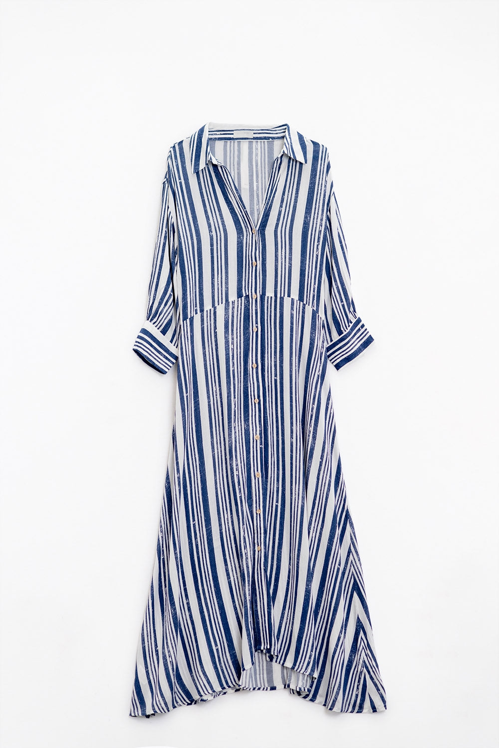 Vestido camisero largo a rayas con manga 3/4 y cinturón en azul y blanco