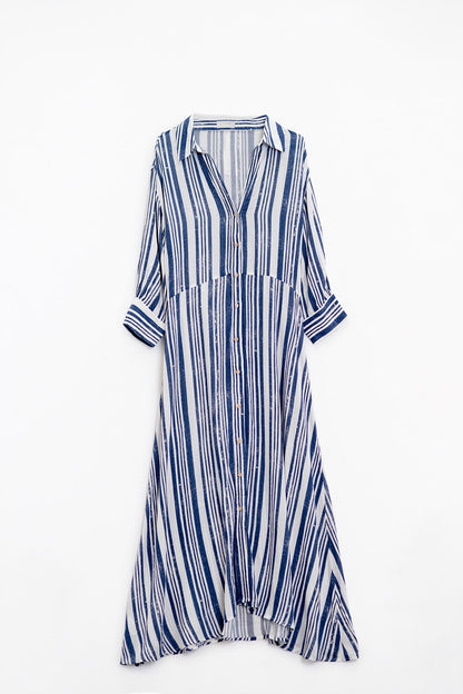 Vestido camisero largo a rayas con manga 3/4 y cinturón en azul y blanco