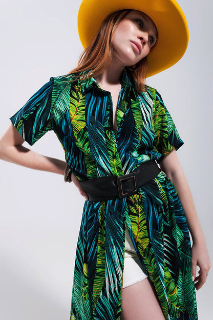 Vestido camisero largo con estampado tropical