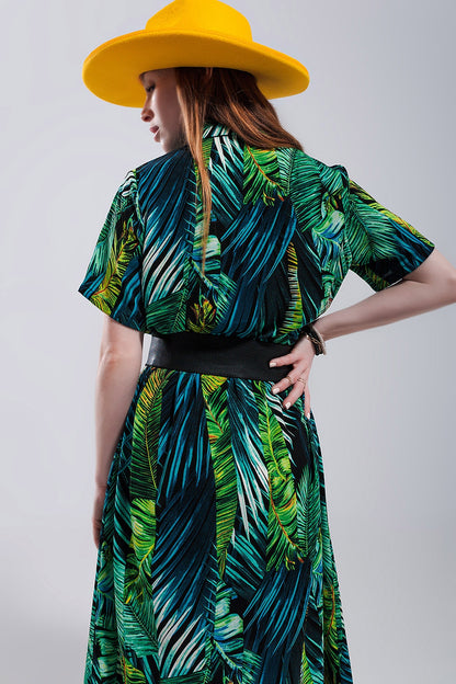 Vestido camisero largo con estampado tropical