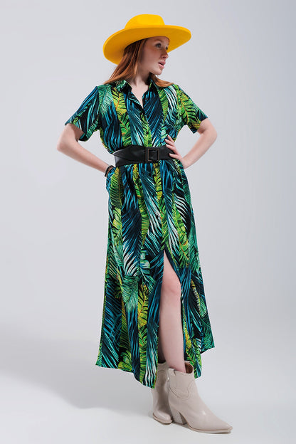 Vestido camisero largo con estampado tropical