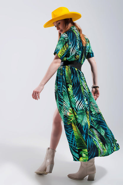 Vestido camisero largo con estampado tropical