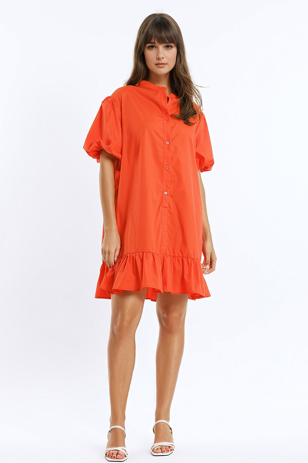 Q2 Vestido camisero relajado con mangas cortas globo y volante en naranja