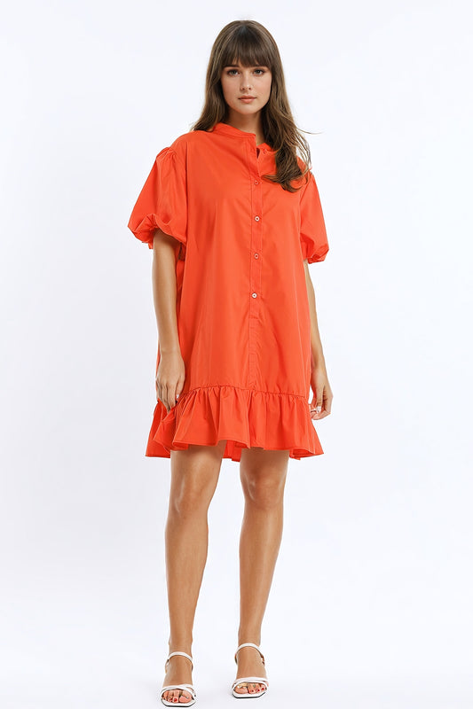Q2 Vestido camisero relajado con mangas cortas globo y volante en naranja