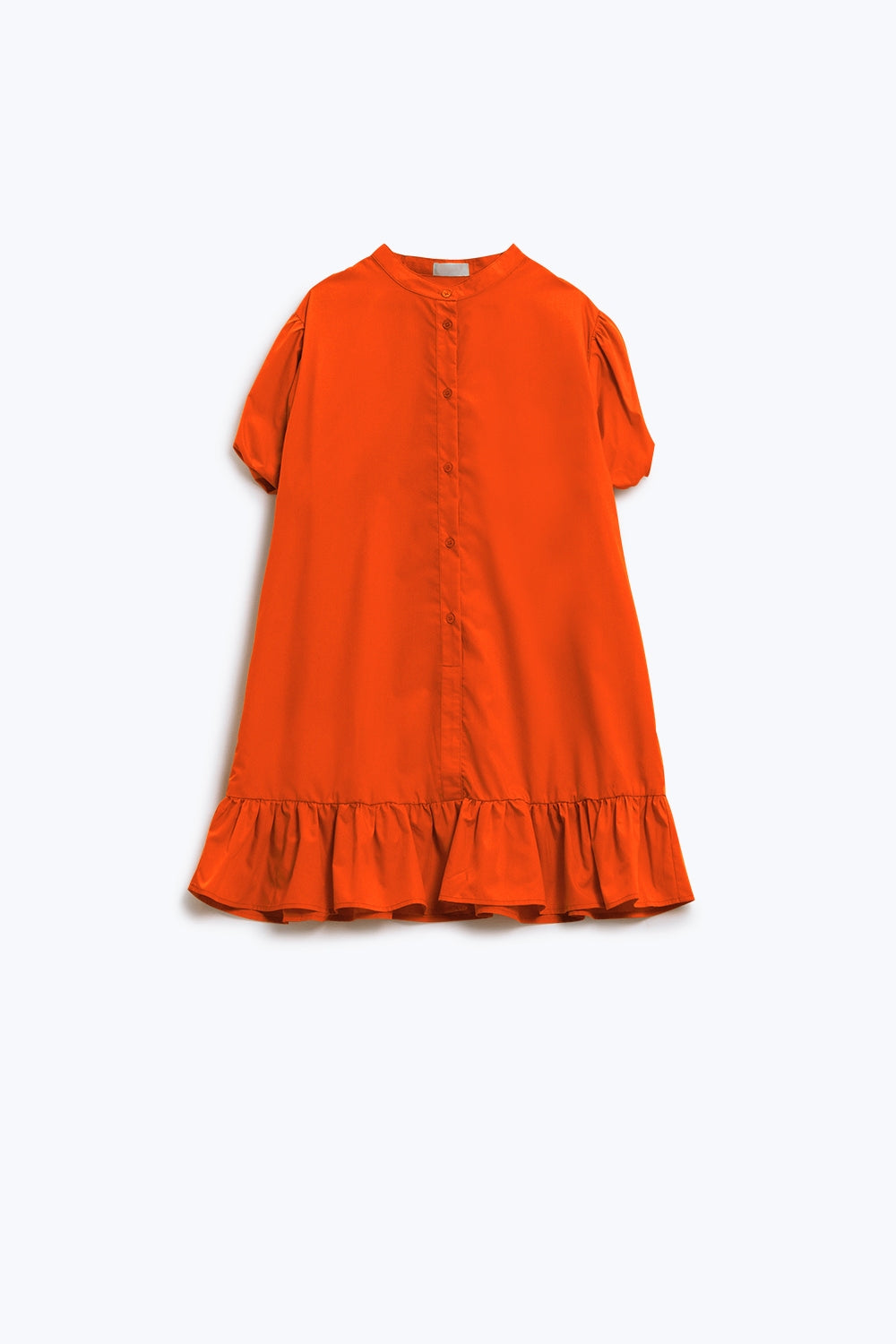 Vestido camisero relajado con mangas cortas globo y volante en naranja