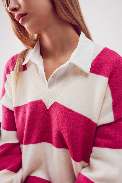 Vestido color fucsia y negro estilo jersey a rayas