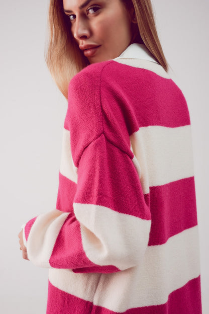 Vestido color fucsia y negro estilo jersey a rayas