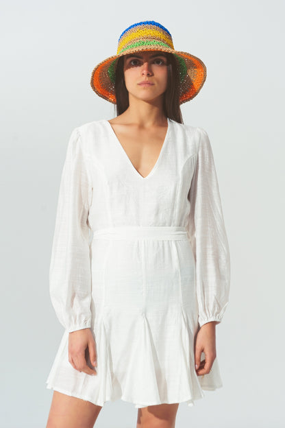 Vestido con Cuello en V con Volantes en Blanco