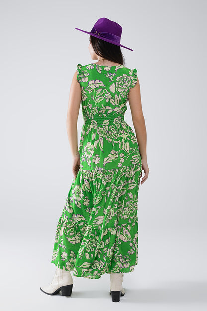 Vestido con estampado floral y cintura ceñida en verde