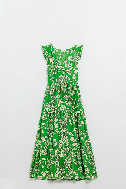Vestido con estampado floral y cintura ceñida en verde