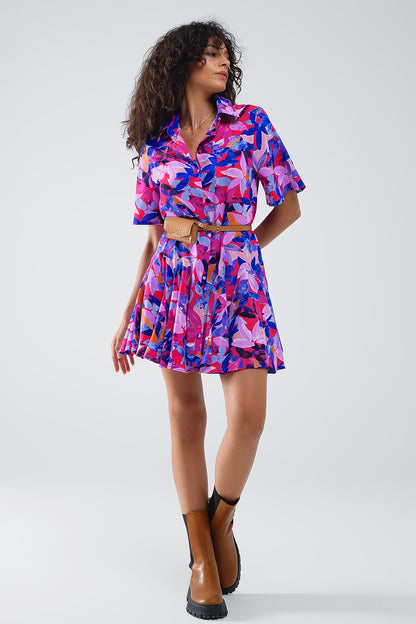 Q2 Vestido Corto Camisero Fluido Con Estampado En Fucsia y Morado