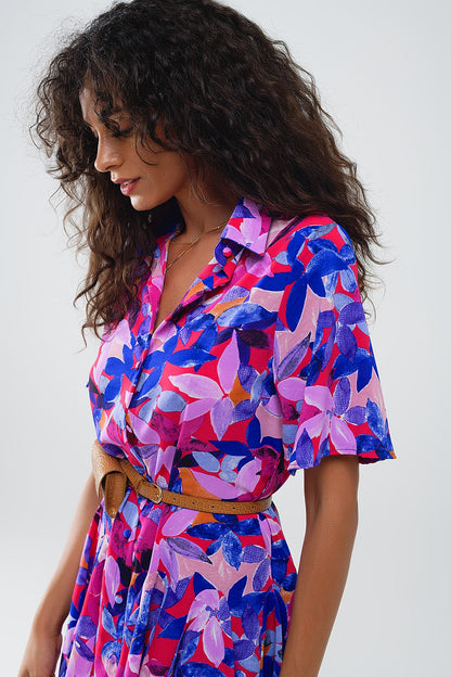 Vestido Corto Camisero Fluido Con Estampado En Fucsia y Morado