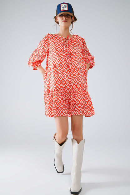 Q2 Vestido corto con detalle de lazo en la parte delantera en estampado étnico rojo