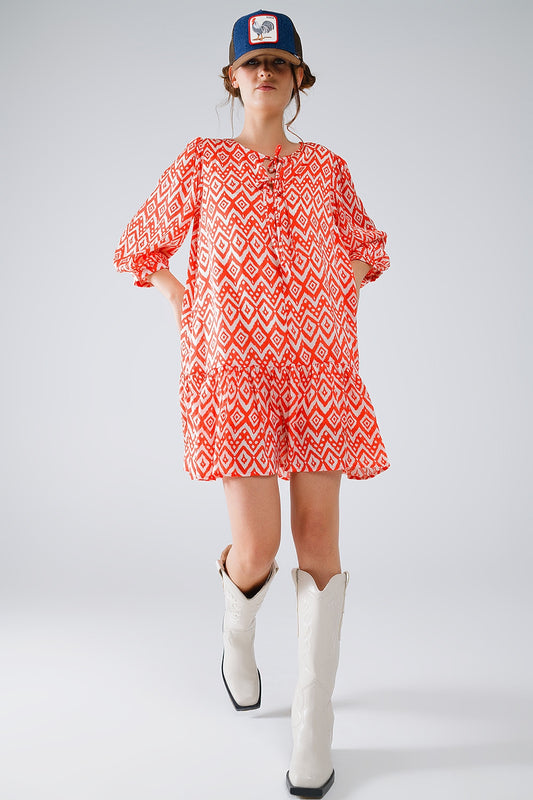 Q2 Vestido corto con detalle de lazo en la parte delantera en estampado étnico rojo