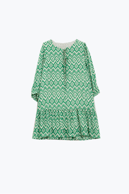 Vestido corto con detalle de lazo en la parte delantera en estampado étnico verde