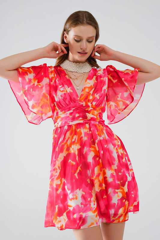 Q2 Vestido corto con escote en V con estampado abstracto en rosa y blanco