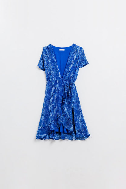 Vestido corto con estampado animal azul y lúrex dorado