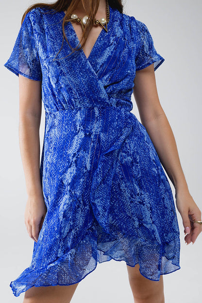 Vestido corto con estampado animal azul y lúrex dorado