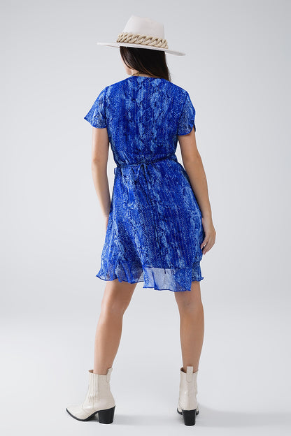 Vestido corto con estampado animal azul y lúrex dorado