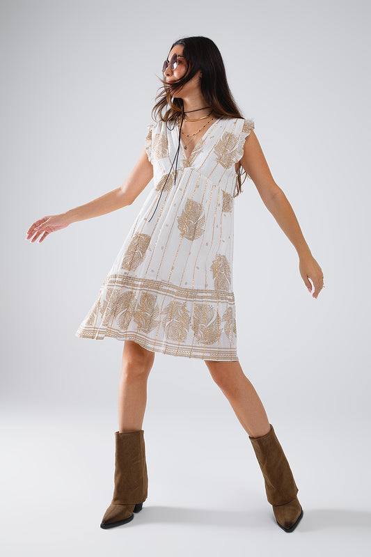 Q2 Vestido corto con estampado de hojas e hilo de lúrex en blanco