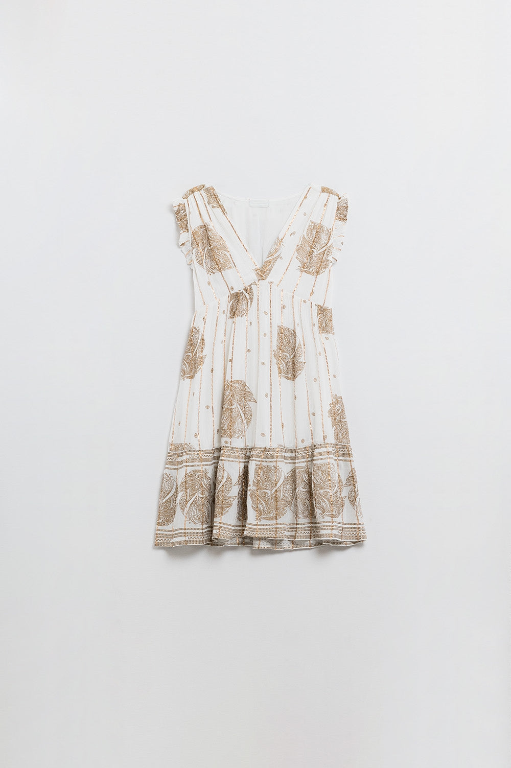 Vestido corto con estampado de hojas e hilo de lúrex en blanco