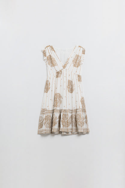 Vestido corto con estampado de hojas e hilo de lúrex en blanco