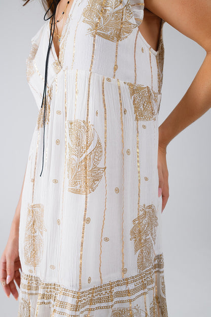 Vestido corto con estampado de hojas e hilo de lúrex en blanco
