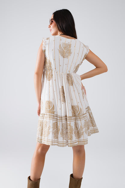 Vestido corto con estampado de hojas e hilo de lúrex en blanco