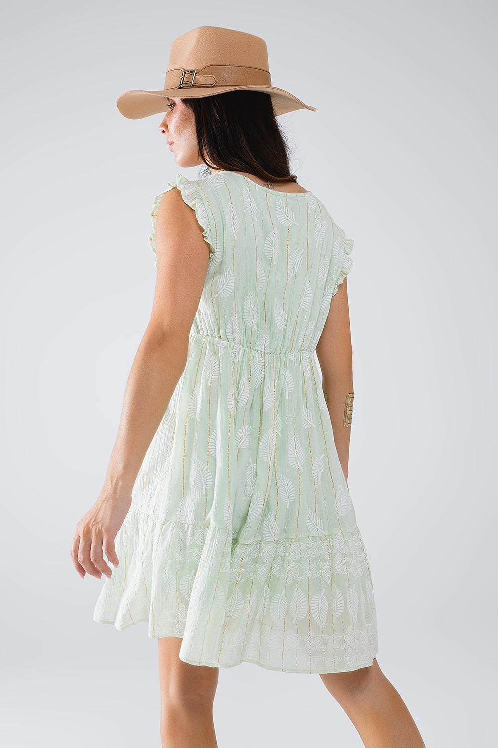 Vestido corto con estampado de hojas e hilo de lúrex en color menta