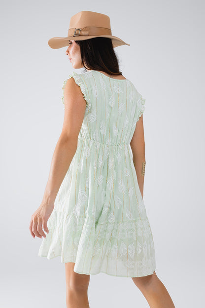 Vestido corto con estampado de hojas e hilo de lúrex en color menta