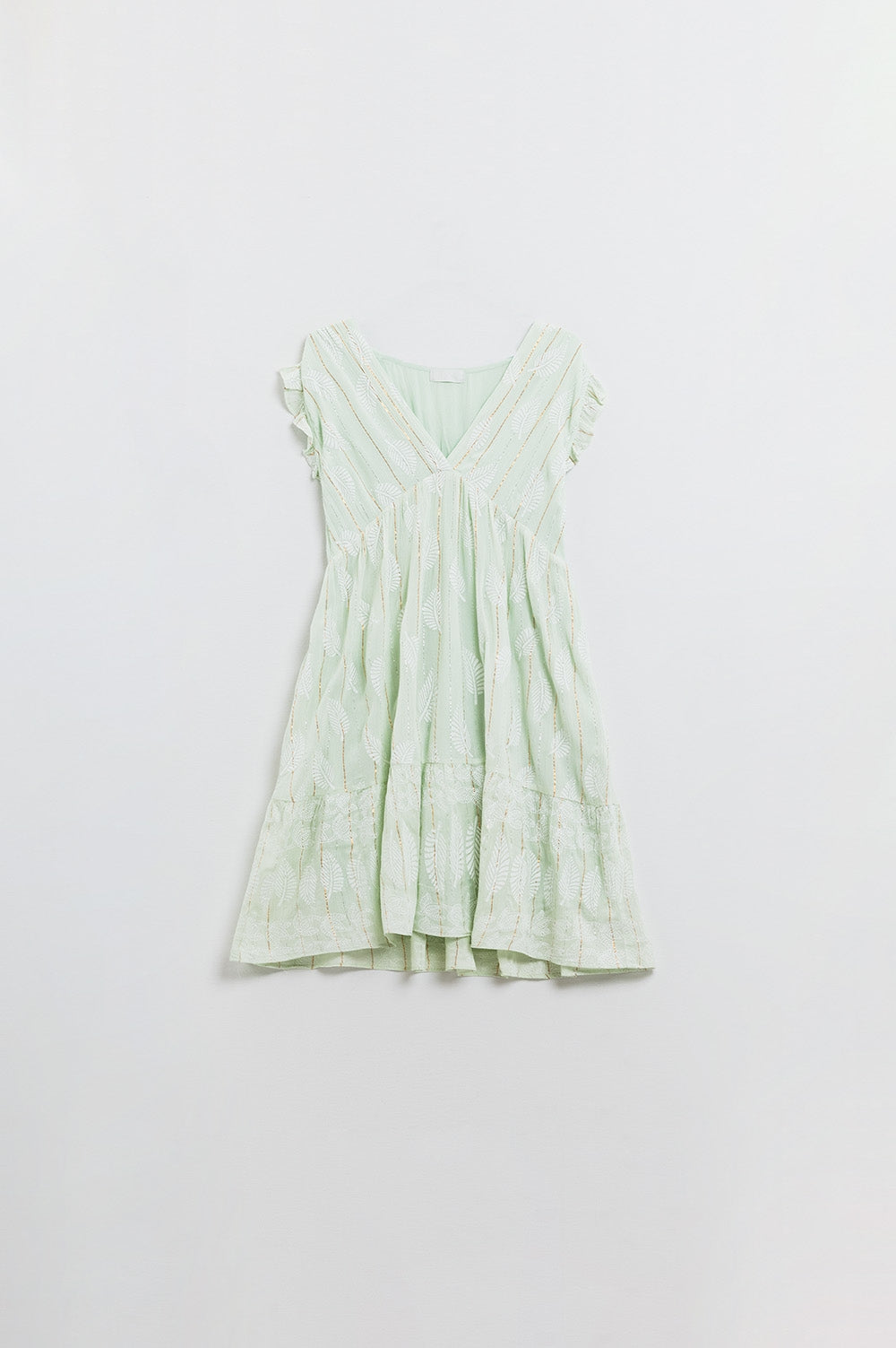 Vestido corto con estampado de hojas e hilo de lúrex en color menta