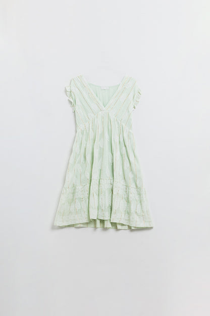 Vestido corto con estampado de hojas e hilo de lúrex en color menta