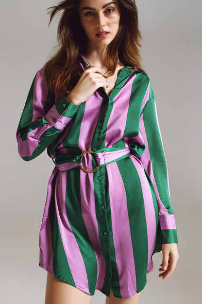 Vestido corto de camisa a rayas lila y verde