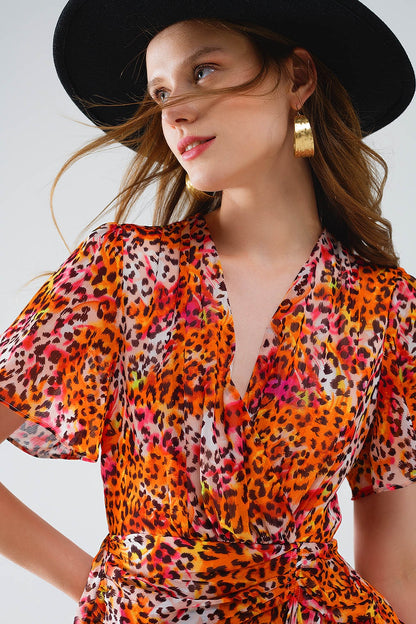 Vestido Corto Naranja Multicolor Con Top Cruzado Con Estampado Animal