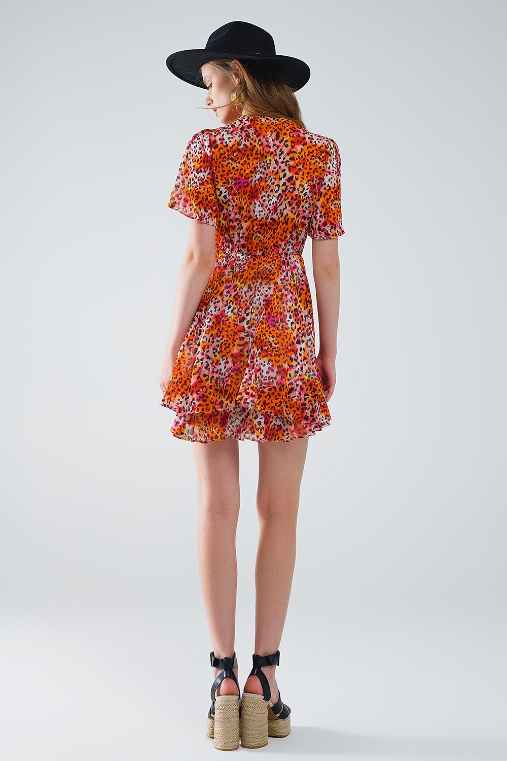 Vestido Corto Naranja Multicolor Con Top Cruzado Con Estampado Animal