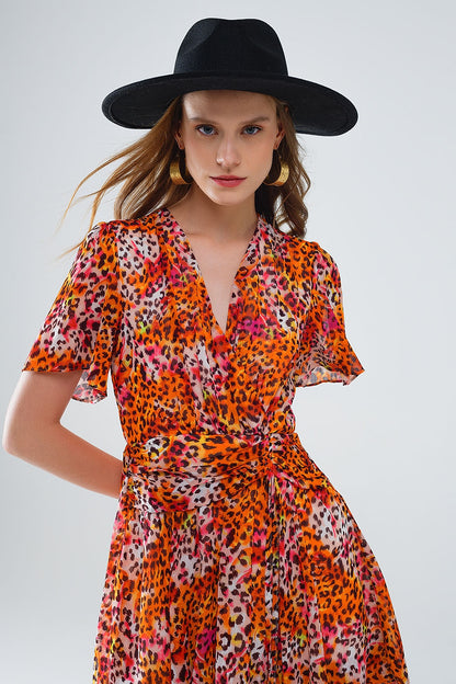 Vestido Corto Naranja Multicolor Con Top Cruzado Con Estampado Animal