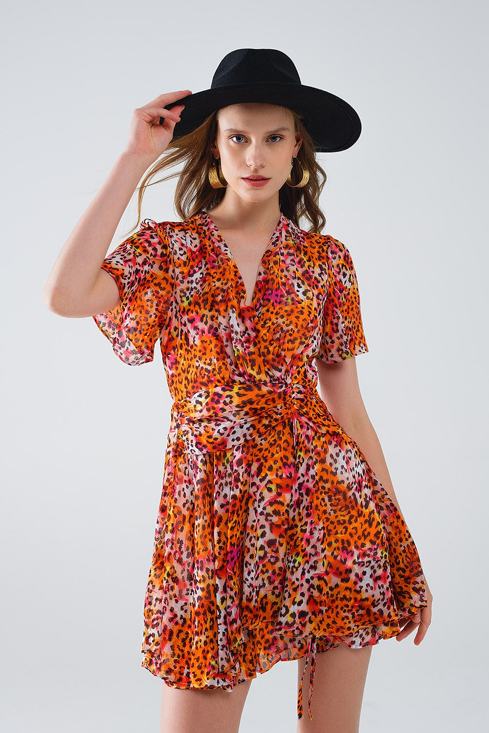 Vestido Corto Naranja Multicolor Con Top Cruzado Con Estampado Animal