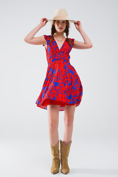 Q2 Vestido corto rojo con estampado floral azul y escote en pico