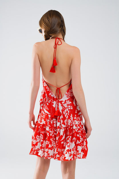Vestido corto rojo con estampado floral boho con detalle de lurex