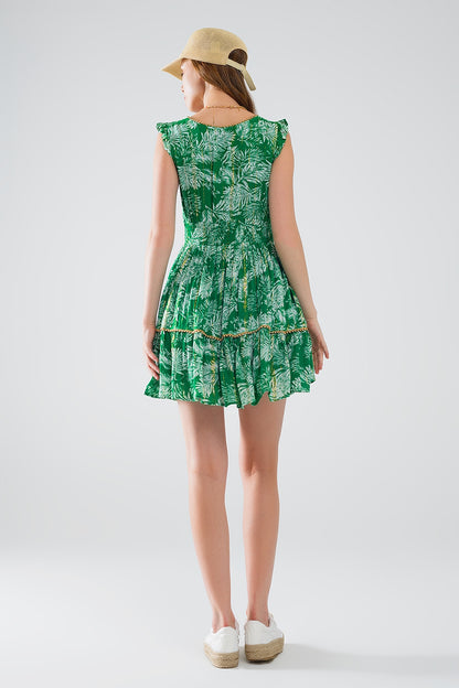 vestido corto verde boho estampado de flores con detalle de lurex