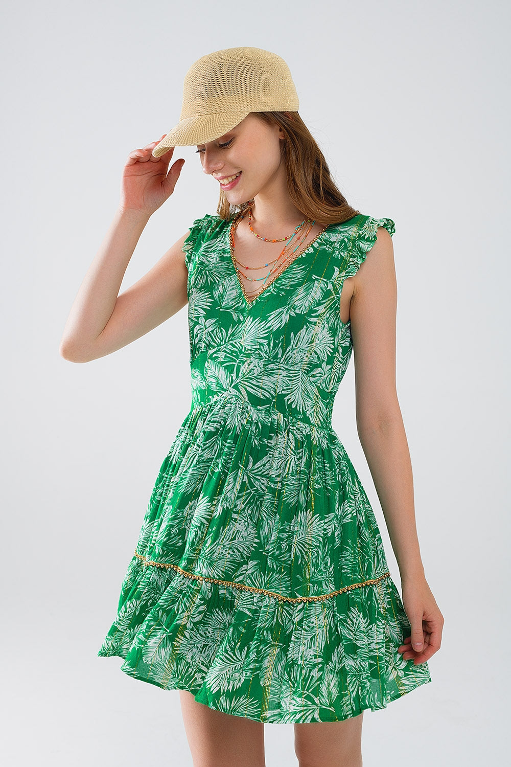 vestido corto verde boho estampado de flores con detalle de lurex