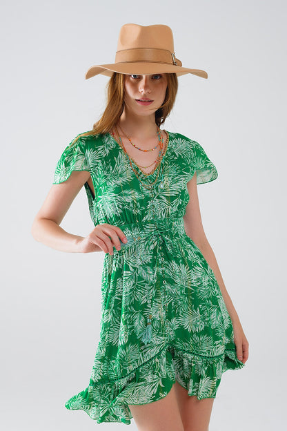 vestido corto verde boho estampado de flores con espalda abierta