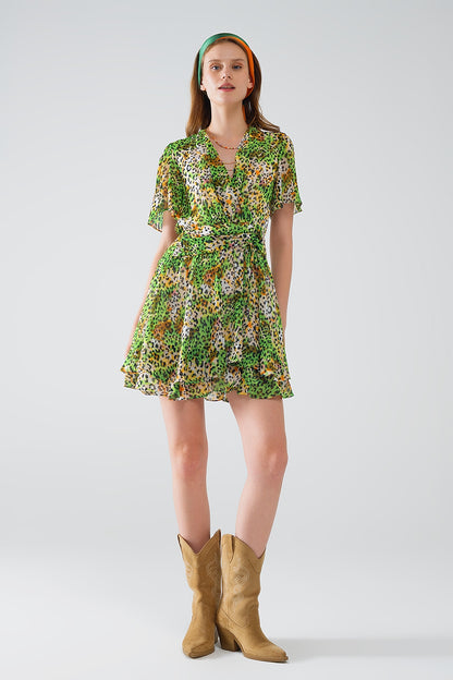 Q2 Vestido Corto Verde Multicolor Con Top Cruzado Con Estampado Animal