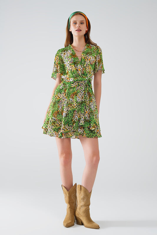 Q2 Vestido Corto Verde Multicolor Con Top Cruzado Con Estampado Animal