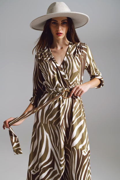 Vestido cruzado midi con cinturón en estampado de cebra en color verde oliva y crema