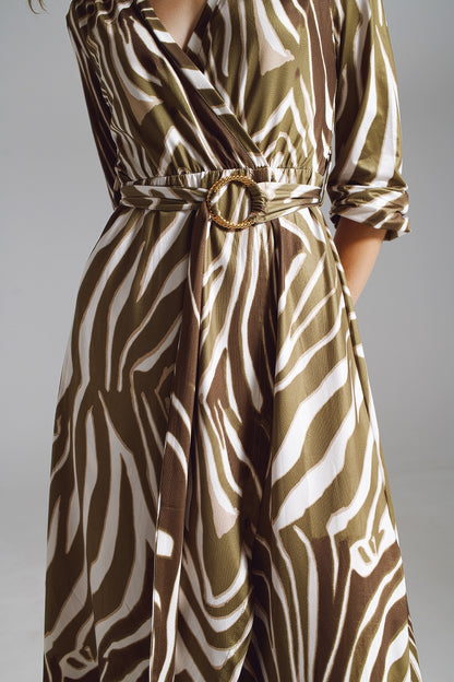 Vestido cruzado midi con cinturón en estampado de cebra en color verde oliva y crema