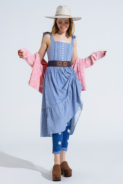 Q2 Vestido de guinga azul y blanco en línea A con tirantes ajustables